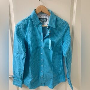 Hawes and Curtis NWT Women's Turquoise&White Dobby Spot Semi-fitted Shirt size10